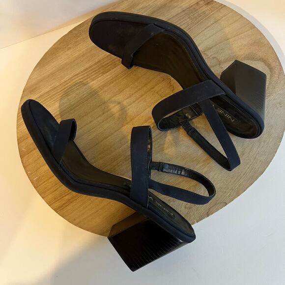 90s Vintage Nine West Dark Blue Chunky Stacked Heel Strapped Heels Size 8 - Picture 4 of 14